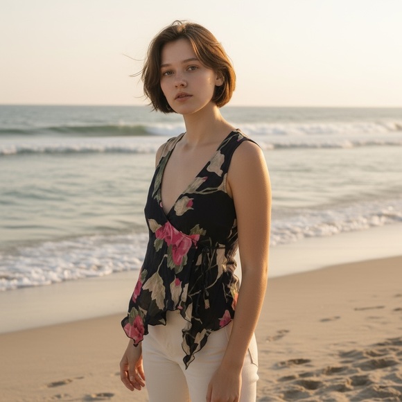 🌸 Guess Floral Handkerchief Sheer Tank Top – Size M - Picture 1 of 8